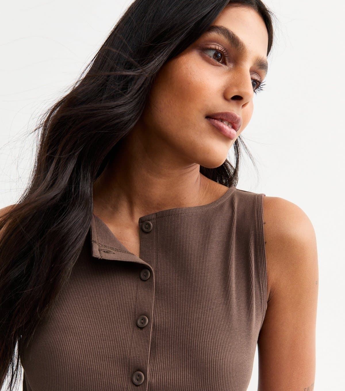 New Look Women's Dark Brown Rib Button Through Tank Top New Look
