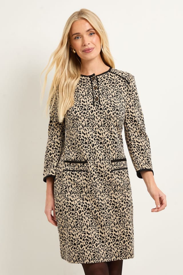 Wallis Wallis Women's Petite Leopard Ponte Contrast Shift Dress in Natural - 2