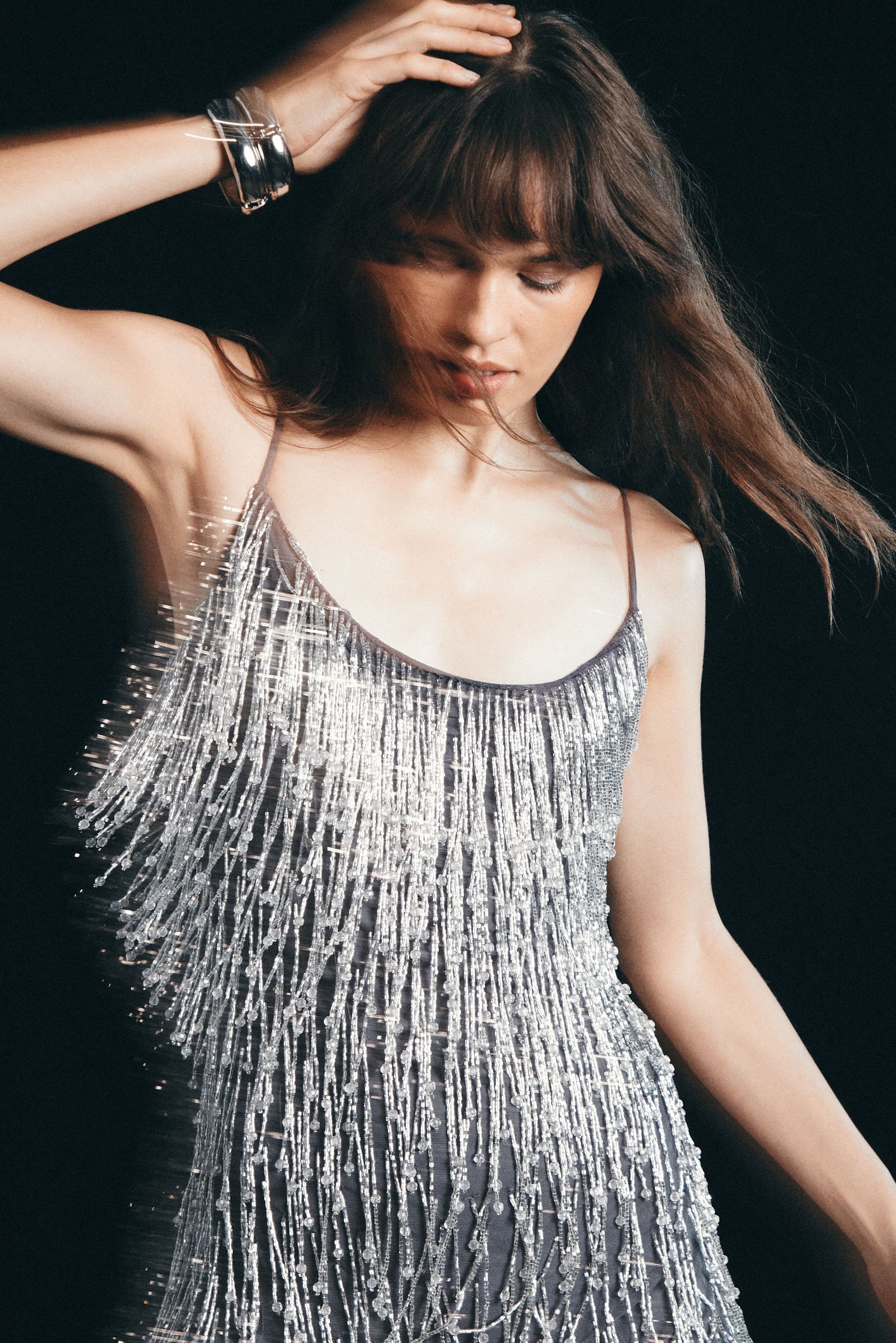 Warehouse Warehouse Women's Hand Embellished Sequin Tassel Midi Dress in Gun Metal