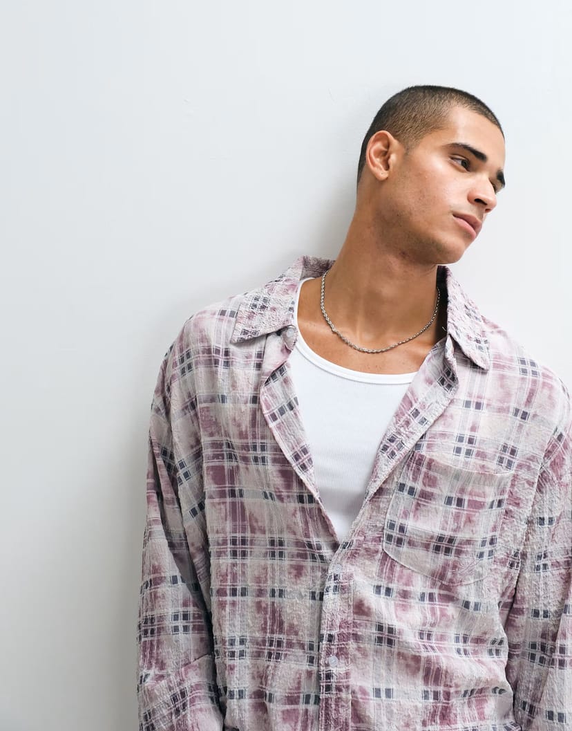 ASOS Liquor N Poker long sleeve button through shirt in pink check - 1