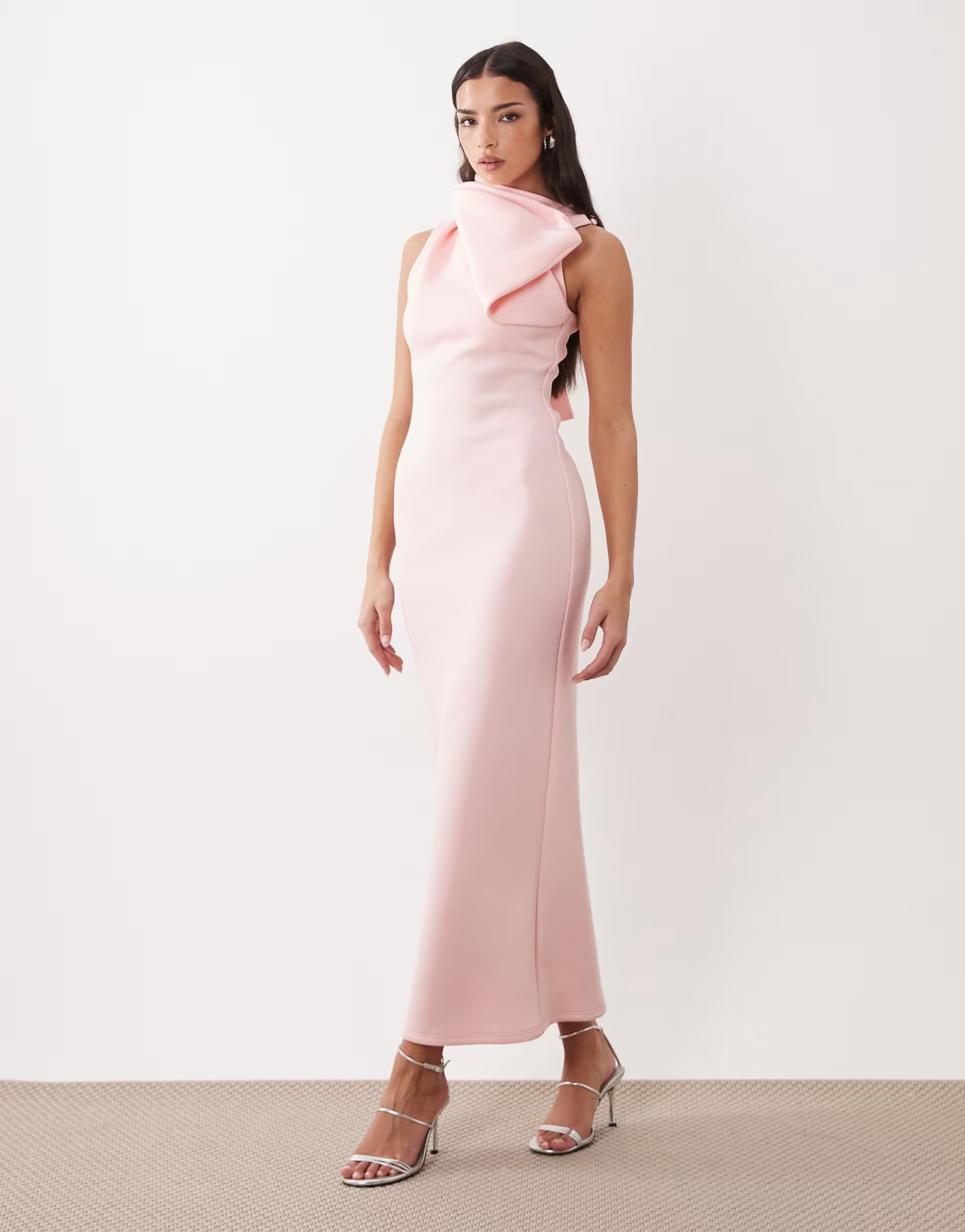 ASOS ASOS DESIGN high neck fallen bow detail midi dress in pale pink scuba-style fabric