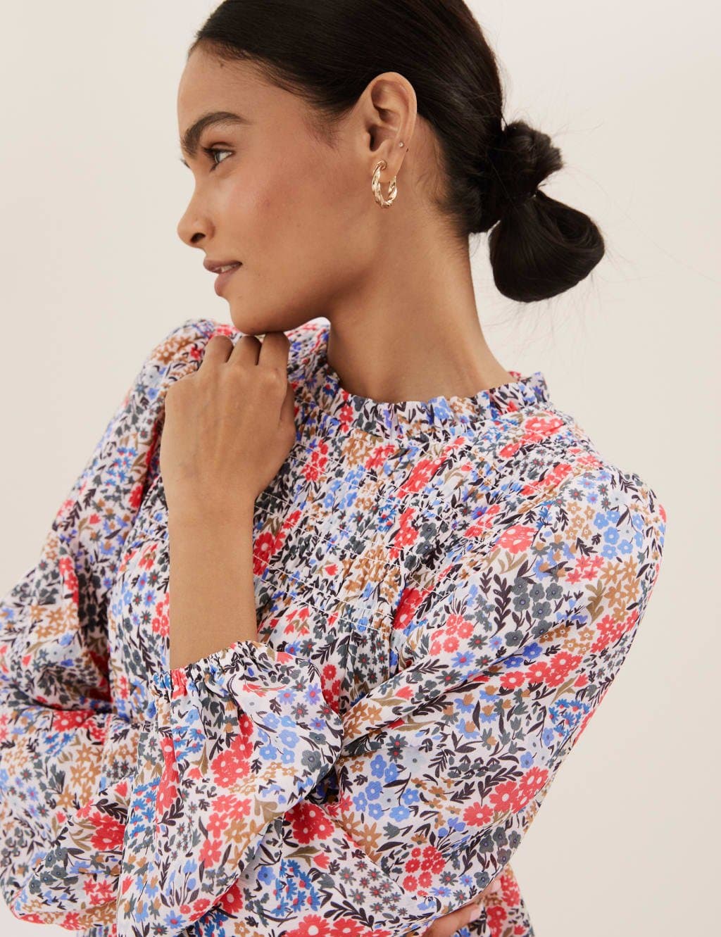 Marks & Spencer M&S Ditsy Floral Smocked Long Sleeve Blouse Blue Mix