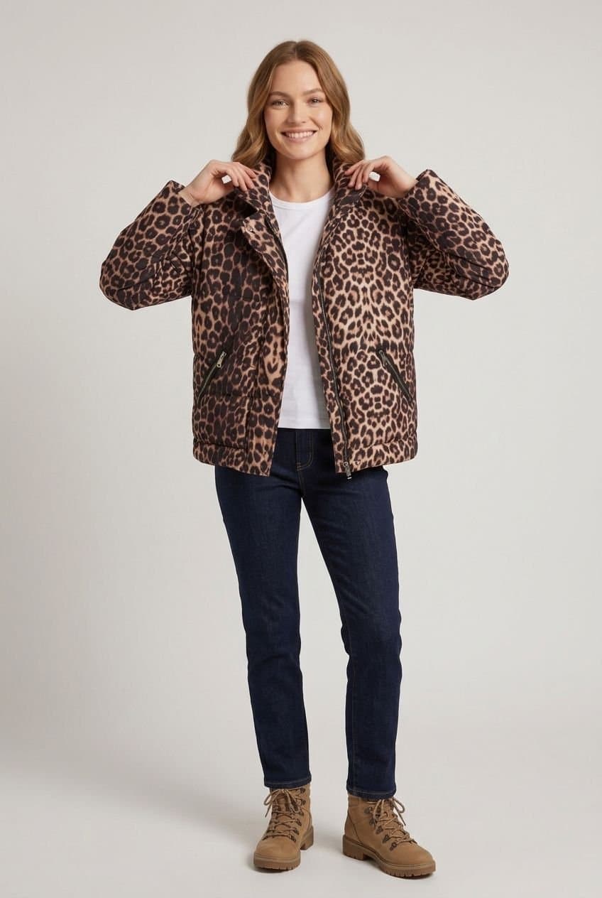 Izabel London Izabel London Women's Animal Print High Neck Puffer Jacket in Brown