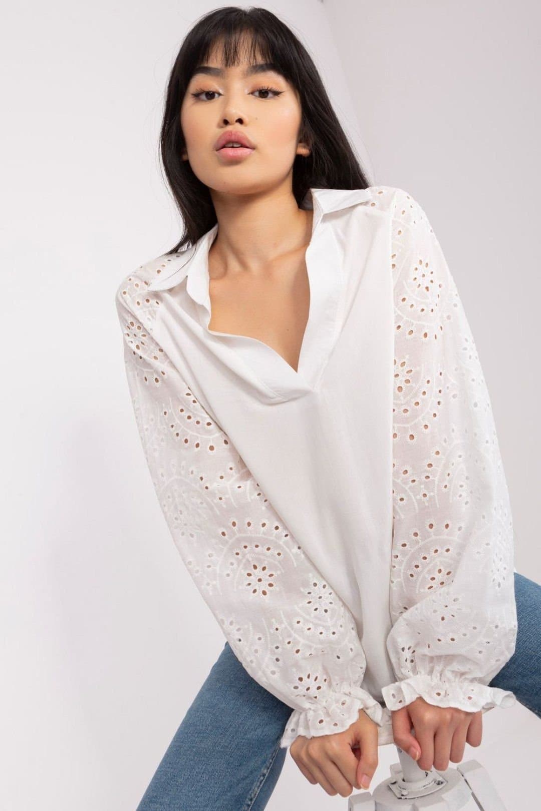 Love Lace Love Lace Women's Elegant Long Sleeve Openwork Blouse in White