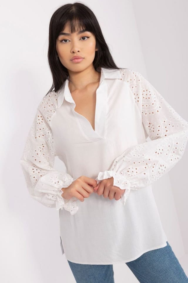 Love Lace Love Lace Women's Elegant Long Sleeve Openwork Blouse in White - 2