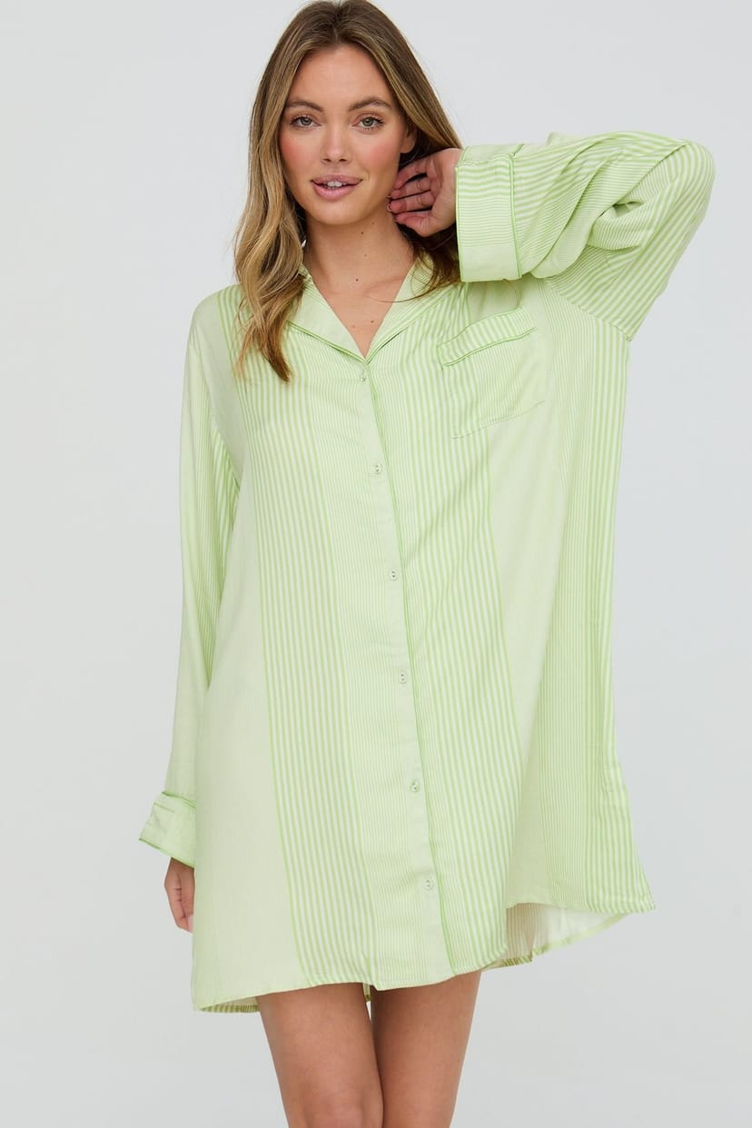 Lily and Lionel Lily and Lionel Women's Simone Long Sleeve Mini Stripe Print Nightshirt In Green - 1