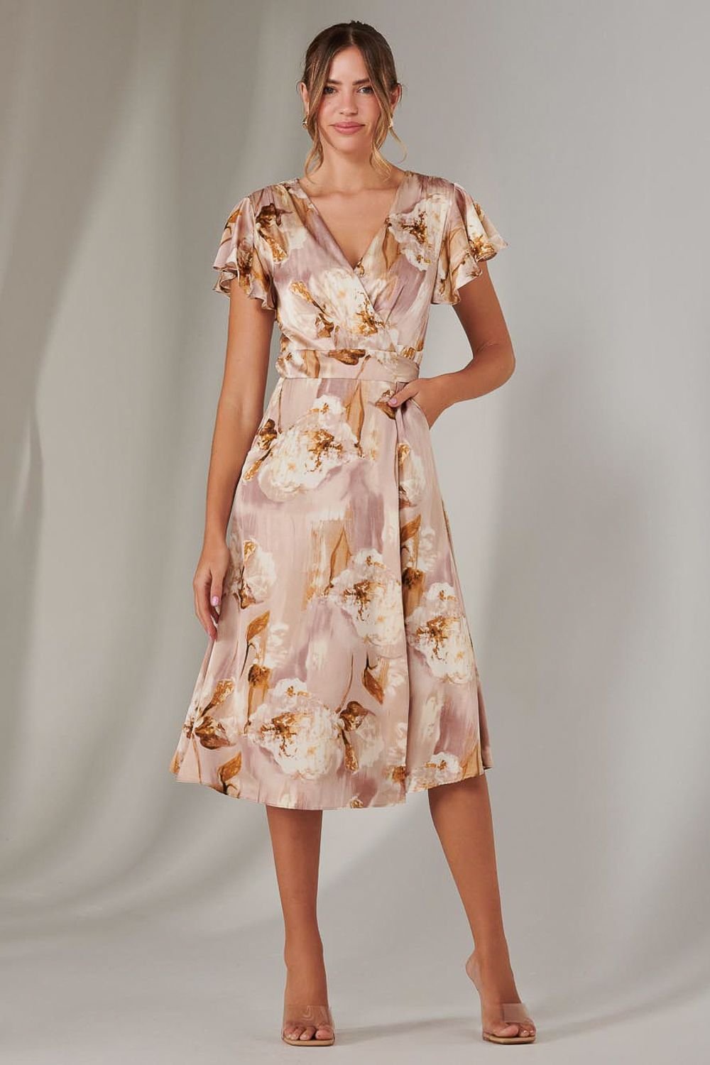 Jolie Moi Jolie Moi Women's Wrap Front Midi Dress in Dusty Pink - 3