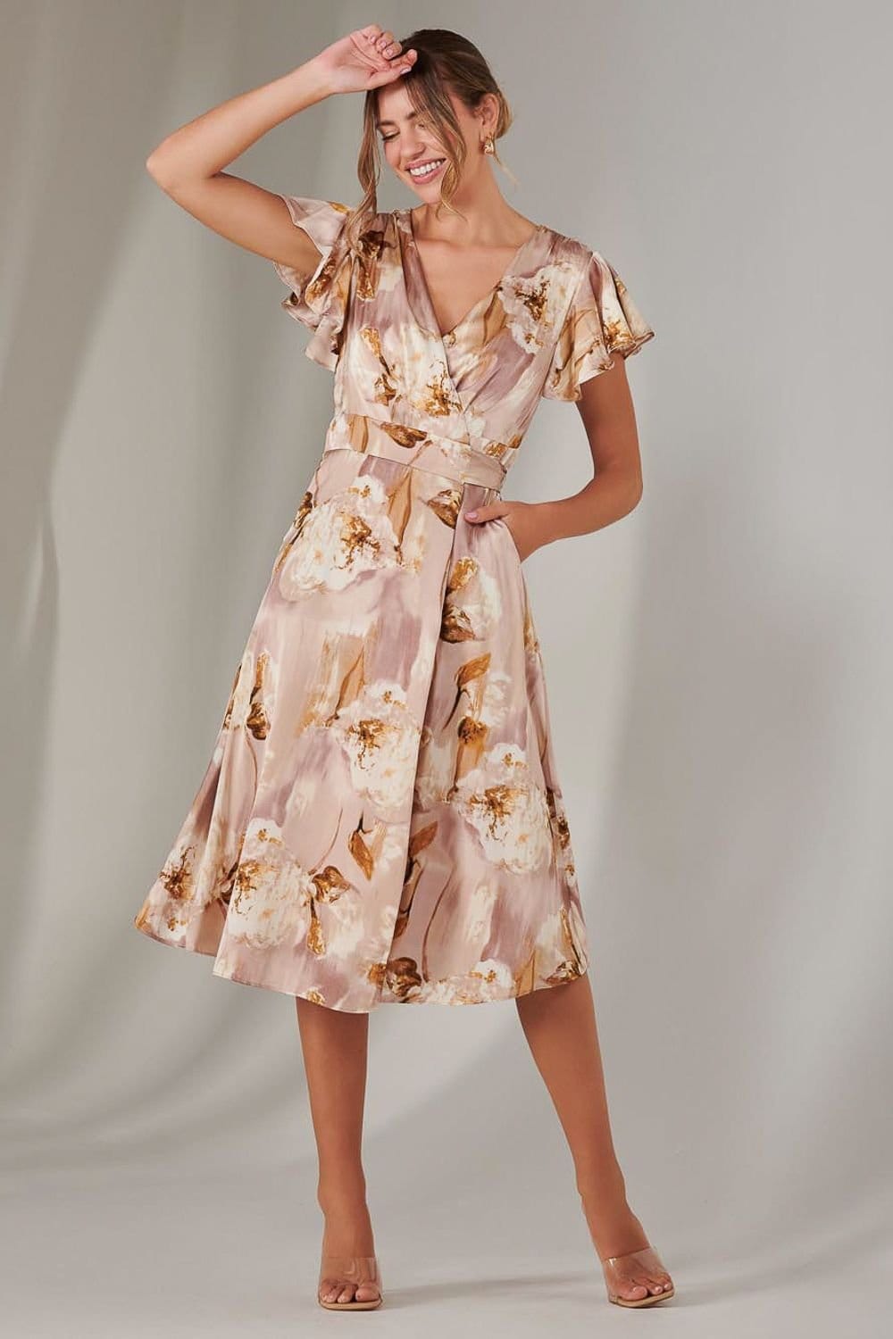 Jolie Moi Jolie Moi Women's Wrap Front Midi Dress in Dusty Pink - 4