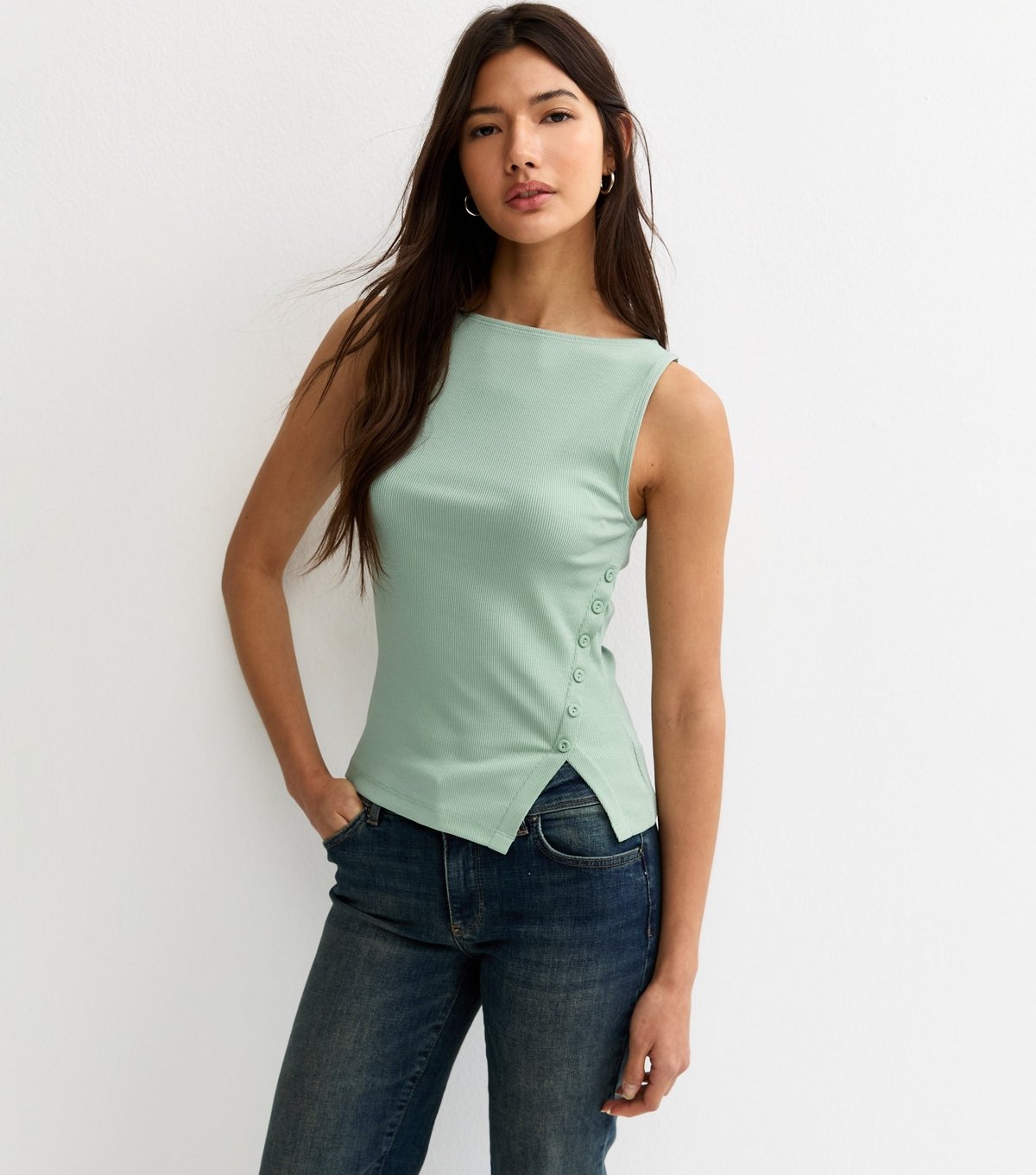 New Look Women's Light Green Asymmetric Hem Button Side Vest Top New Look - 3
