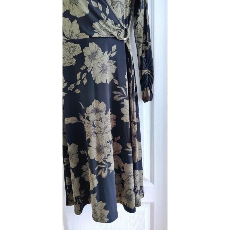 Oasis Oasis Black Olive Green Floral Jersey Wrap Midi Dress Long Sleeves Size S