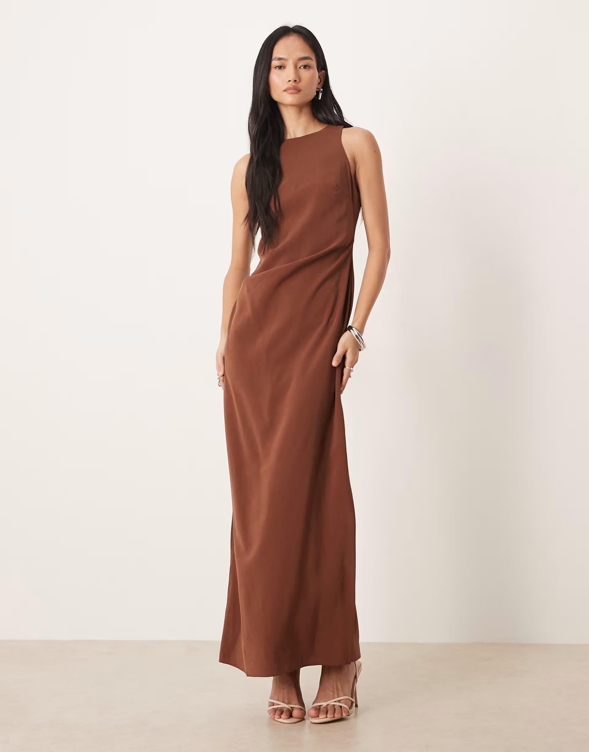 ASOS ASOS DESIGN racer cupro tuck detail maxi dress in chocolate