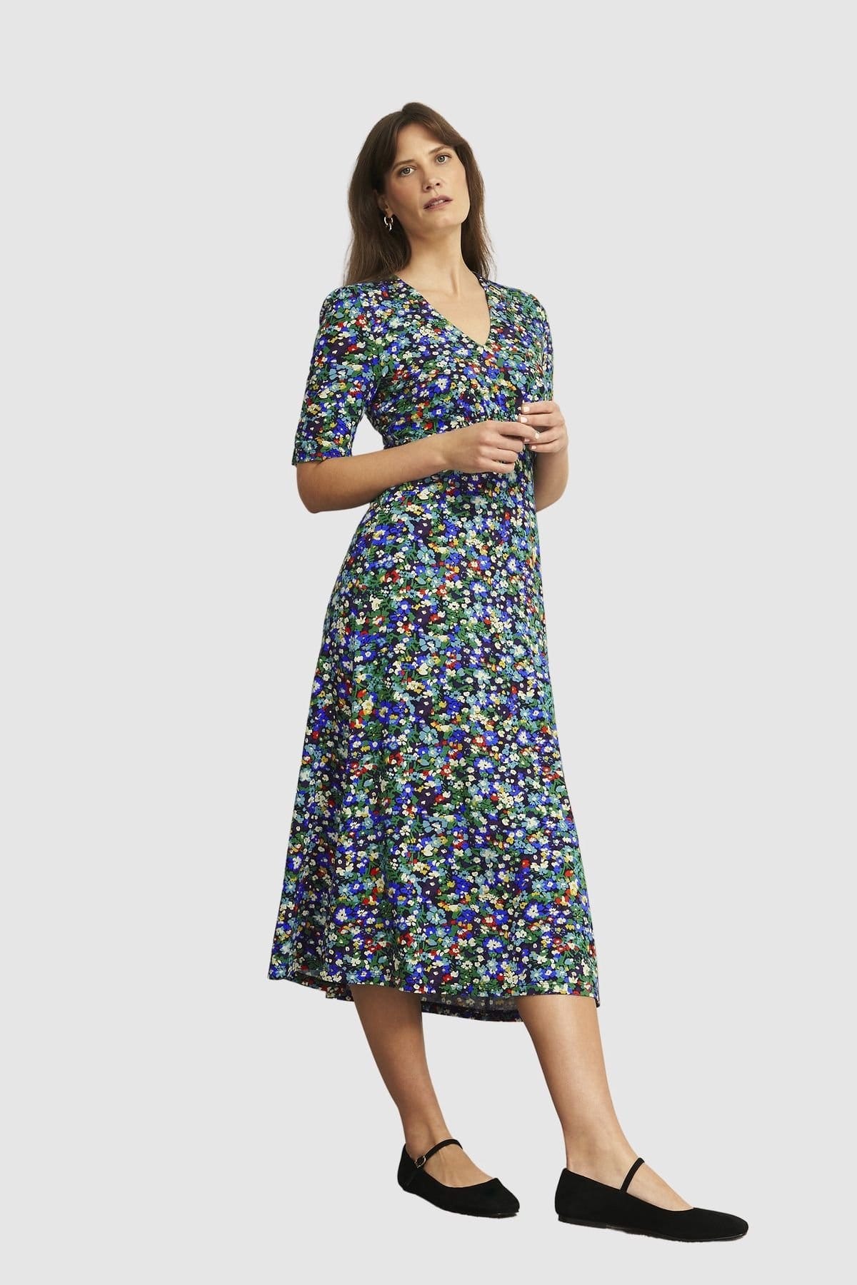 Hobbs London Floral Jersey Midi Dress in Dark Navy
