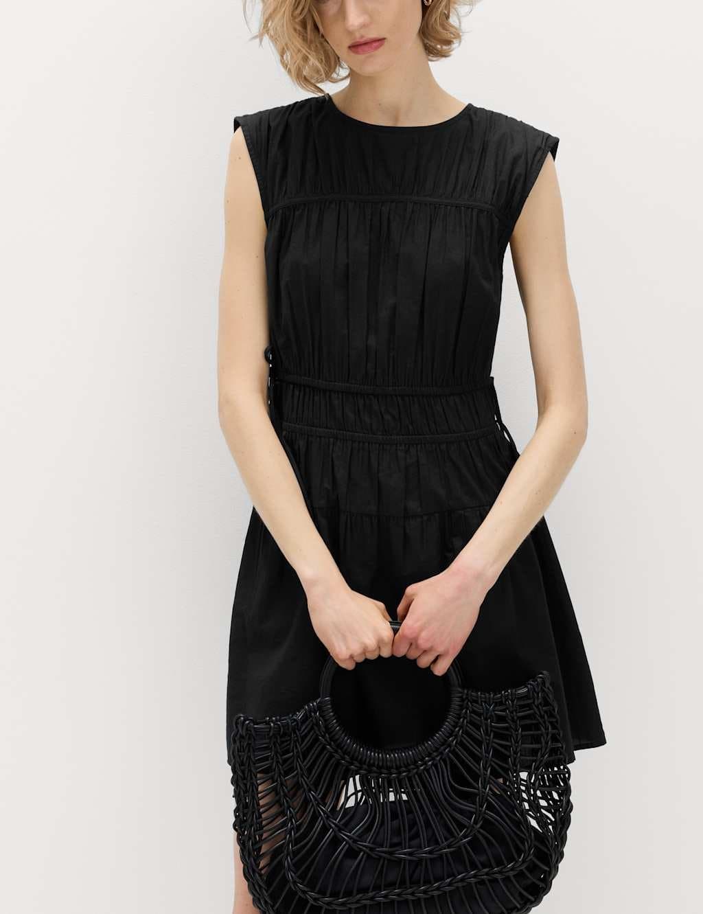 Marks & Spencer M&S Pure Cotton Tie Detail Mini Waisted Dress Black