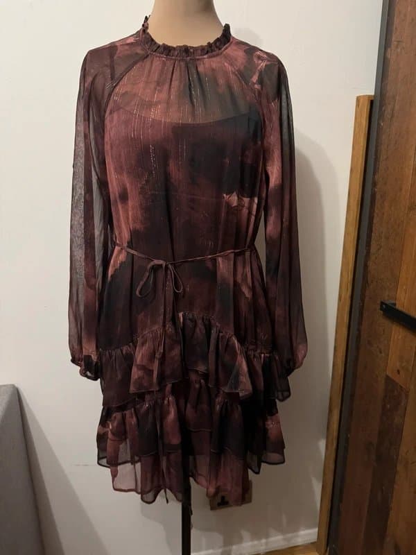 ASOS Design black burgundy maroon mini ruffle dress sheer glitter shimmer waist tie size 10