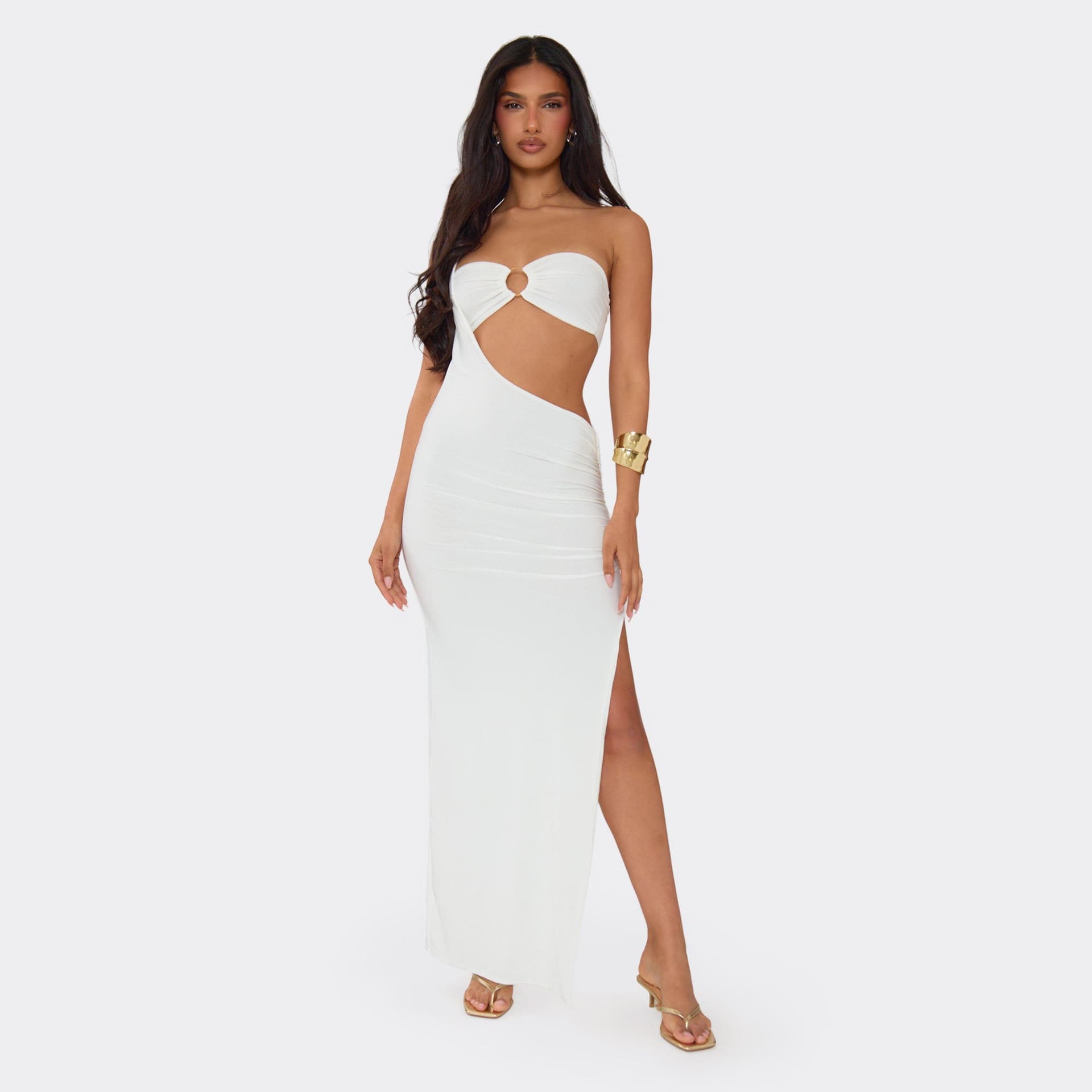 EGO One Shoulder Trim Detail Split Leg Maxi Dress In Ivory, Women's Size UK 6