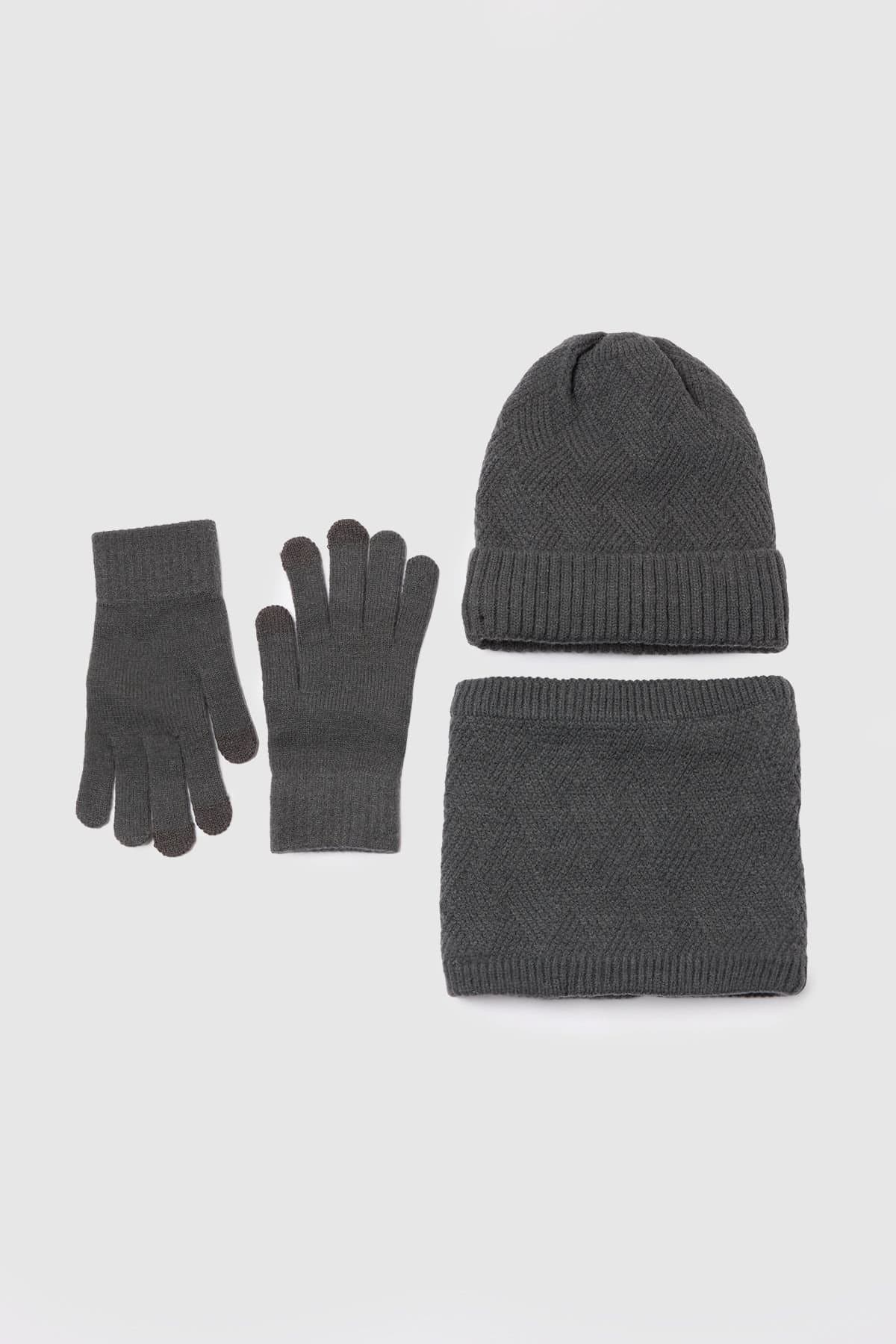 Maine Maine Men's Dark Grey Knitted Diamond Stitch Beanie, Neck Warmer & Gloves Set
