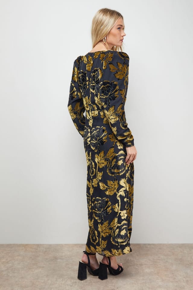 Oasis Oasis Women's Floral Shoulder Pad Long Sleeve Midi Dress in Gold - 3