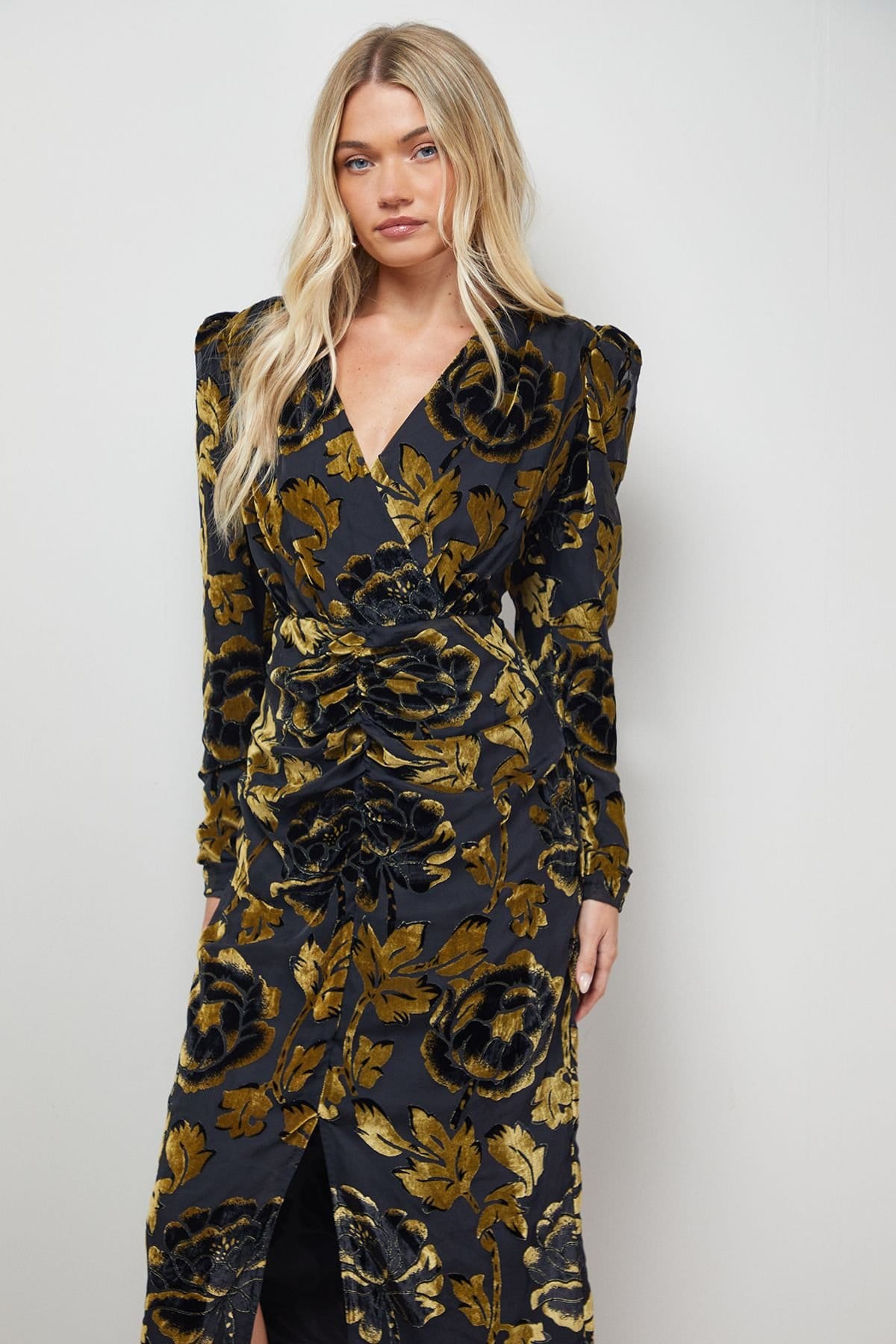 Oasis Oasis Women's Floral Shoulder Pad Long Sleeve Midi Dress in Gold - 4