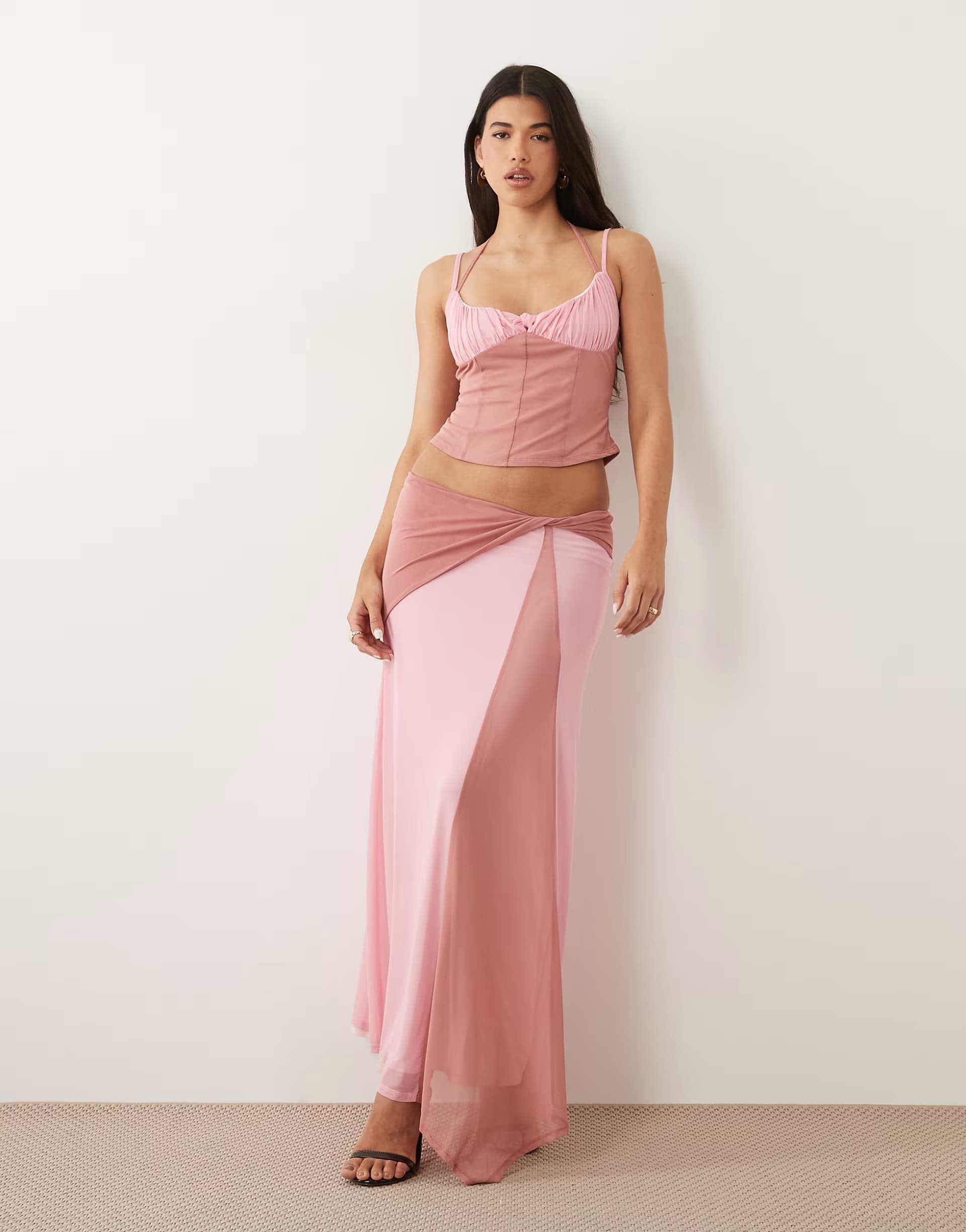 ASOS ASOS DESIGN mesh co-ord contrast midi skirt with waist detail in pink