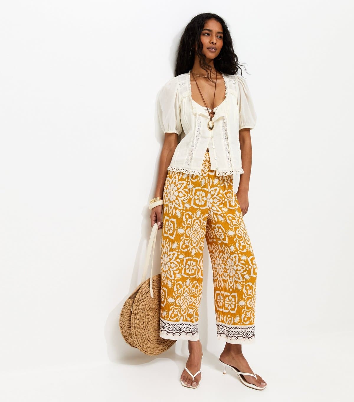 New Look New Look Yellow Tile Print Cropped Trousers