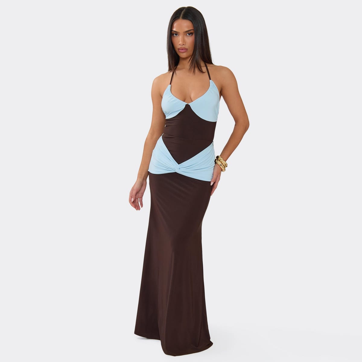 EGO Contrast Knot Panel Detail Maxi Skirt In Brown, Women's Size UK 6 - 1