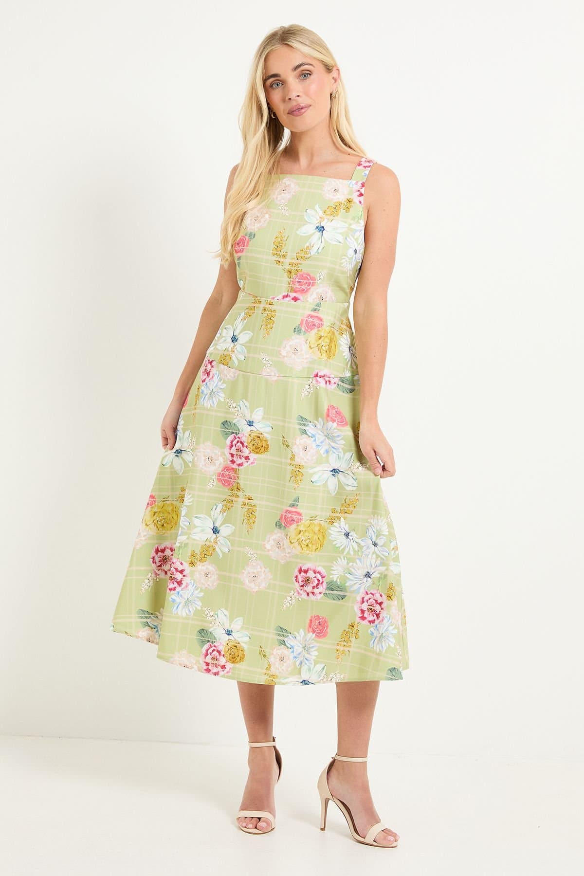 Wallis Wallis Women's Petite Floral Check Ottoman Midi Dress in Green