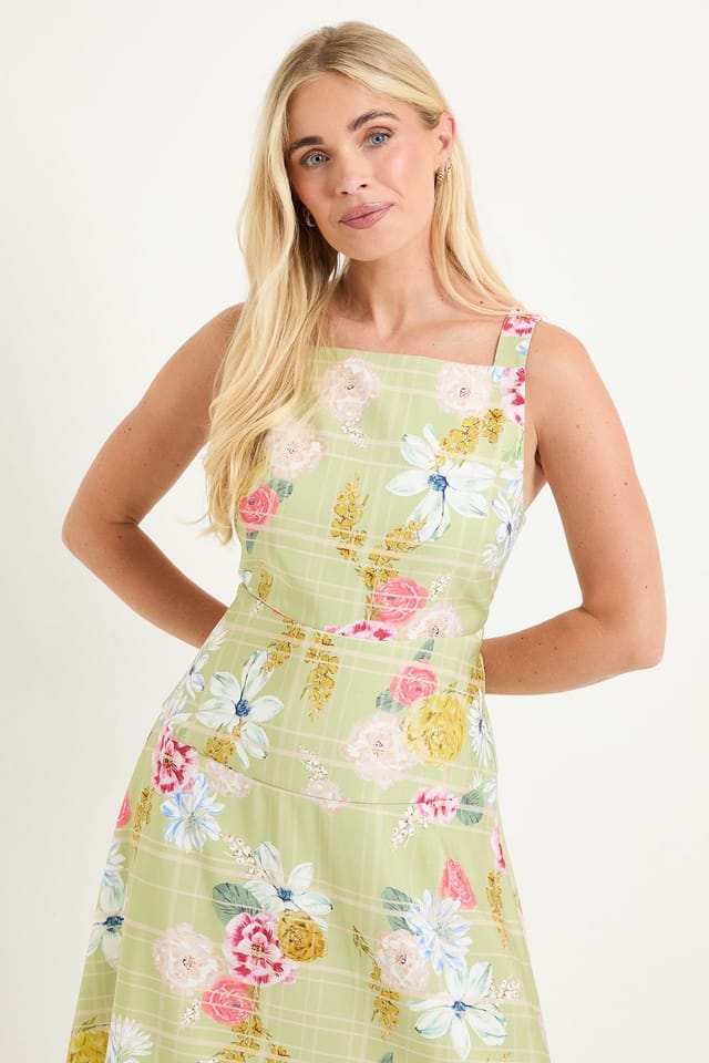 Wallis Wallis Women's Petite Floral Check Ottoman Midi Dress in Green - 2