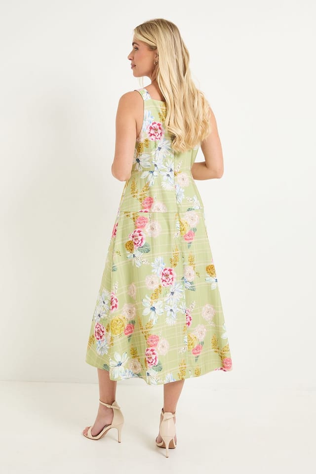 Wallis Wallis Women's Petite Floral Check Ottoman Midi Dress in Green - 3