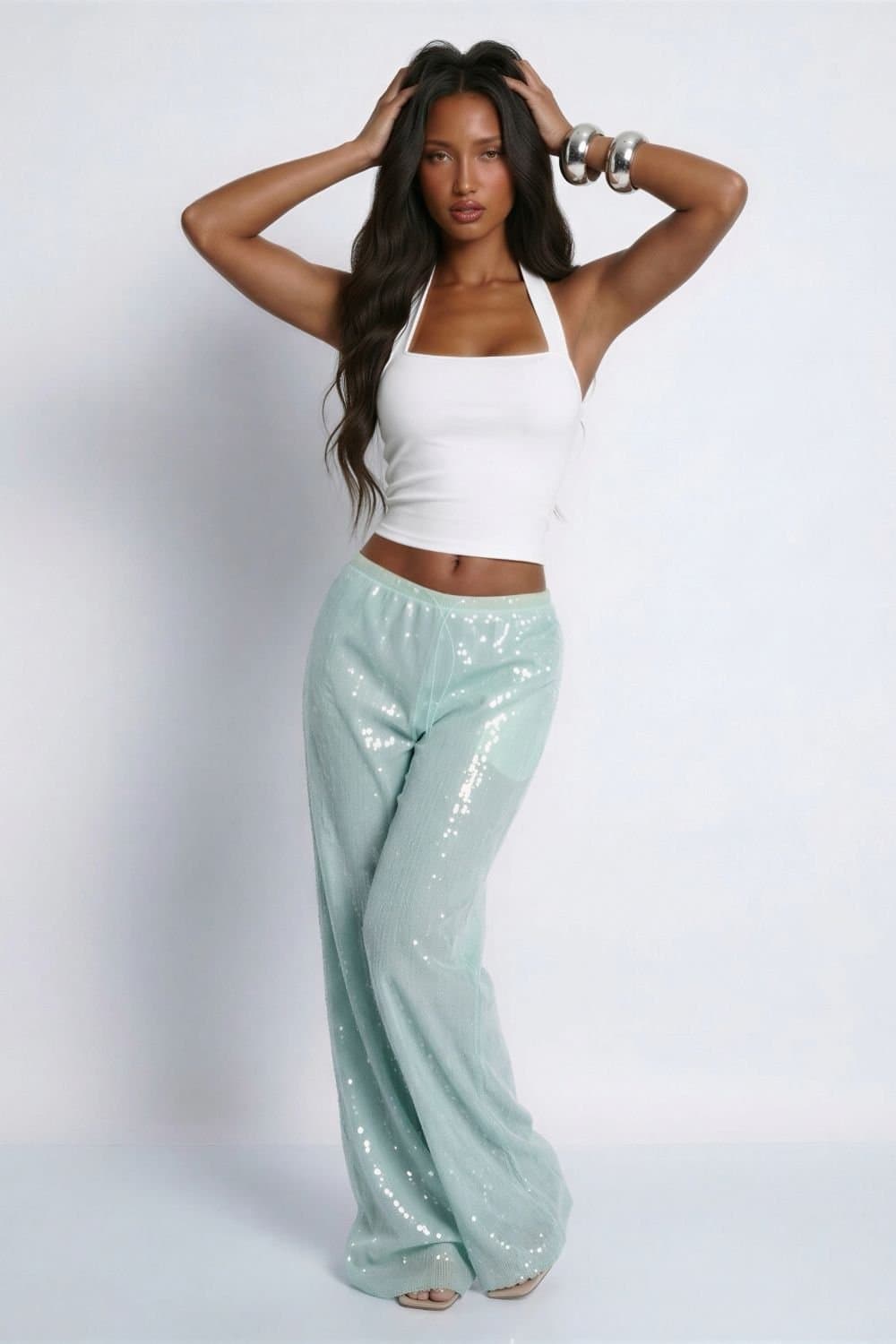 LEMONLUNAR LEMONLUNAR Women's The Sequin Mid-rise Regular Length Trousers in Blue