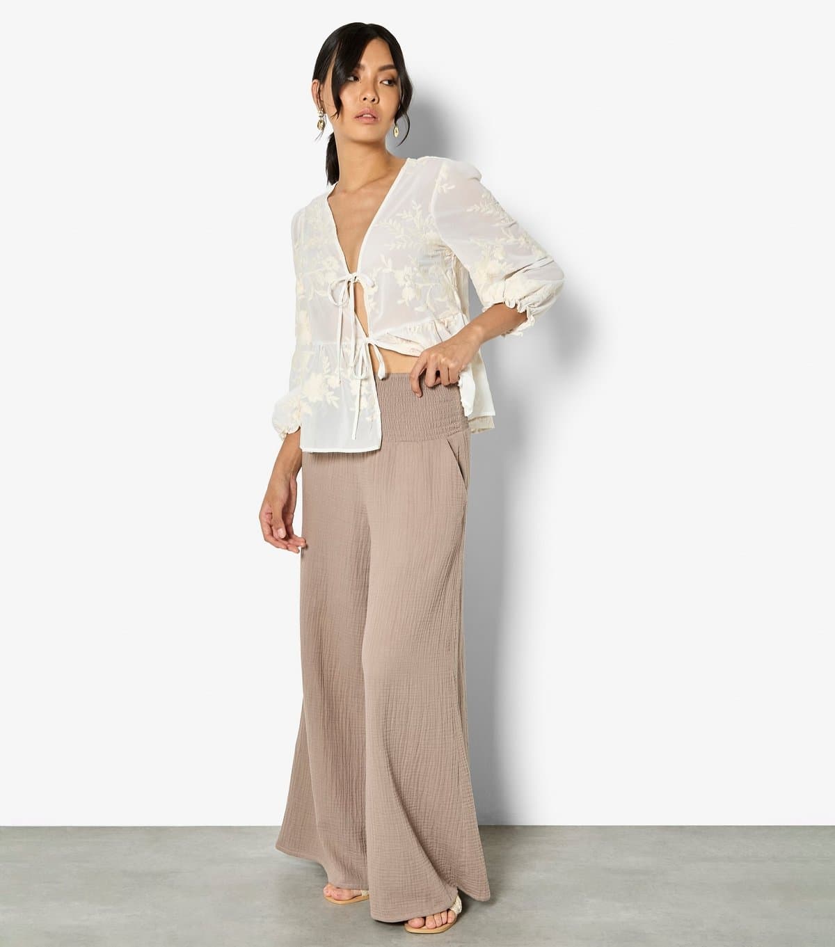 Apricot Apricot Stone Textured Cotton Wide Leg Trousers