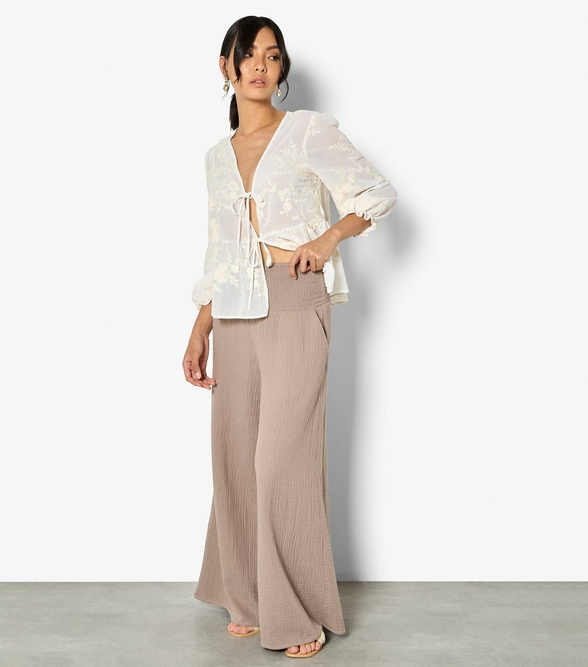 Apricot Stone Textured Cotton Wide Leg Trousers