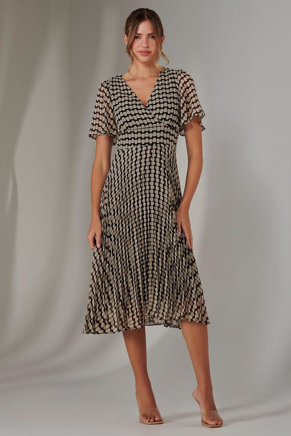 Jolie Moi Jolie Moi Women's Chiffon Pleated Wrap Midaxi Dress in Natural