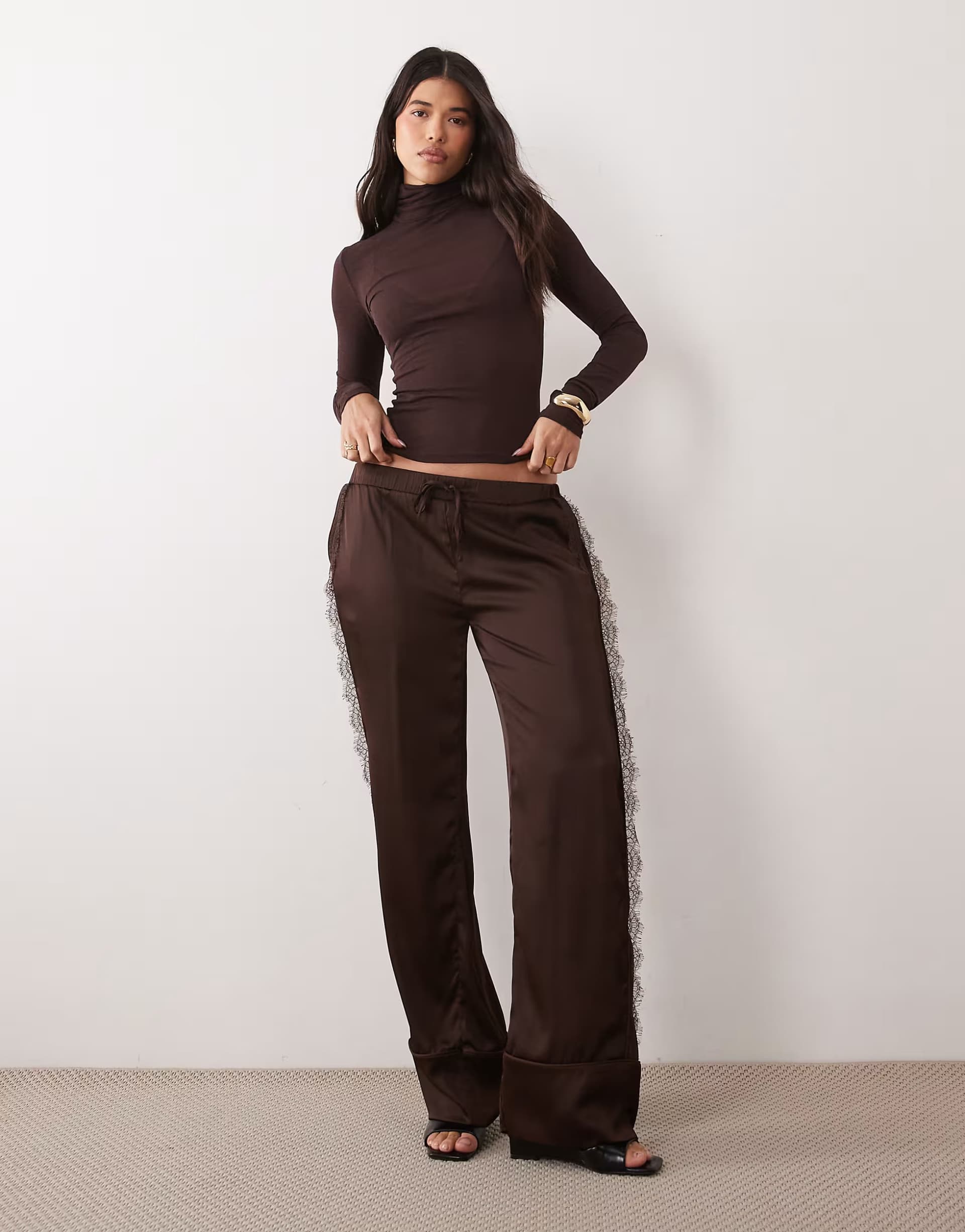 ASOS Noughts & Kisses Arela satin tie waist lace side trim detail wide leg trousers in chocolate