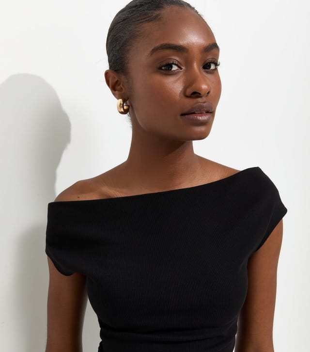 New Look Women's Black Cotton Rich Ribbed Bardot Off The Shoulder Top New Look - 2