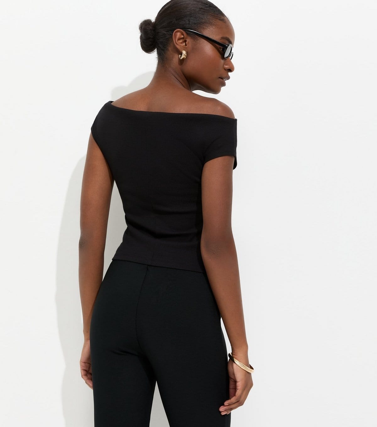 New Look Women's Black Cotton Rich Ribbed Bardot Off The Shoulder Top New Look - 4