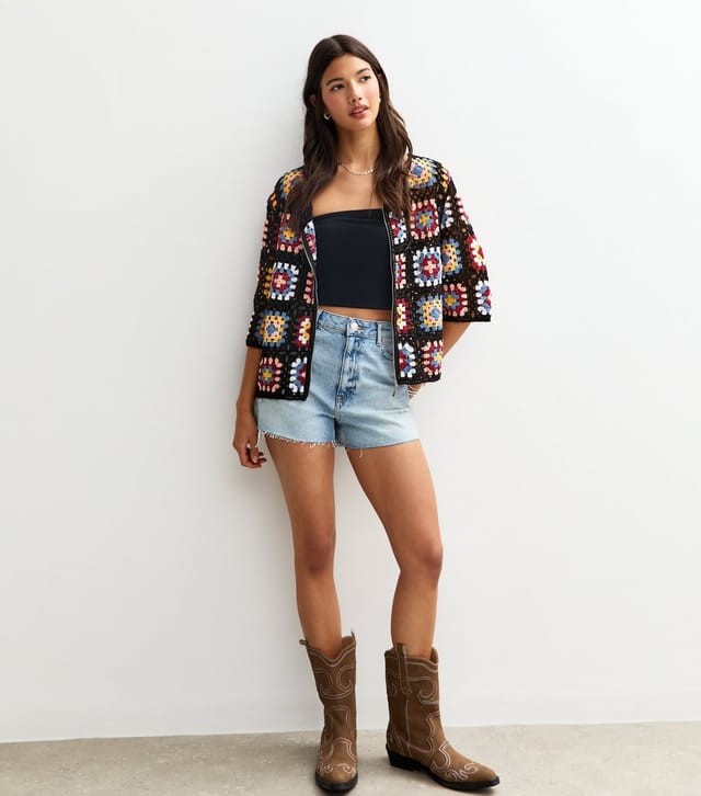 Sunshine Soul Women's Black Crochet Boxy Bomber Jacket Sunshine Soul New Look - 3