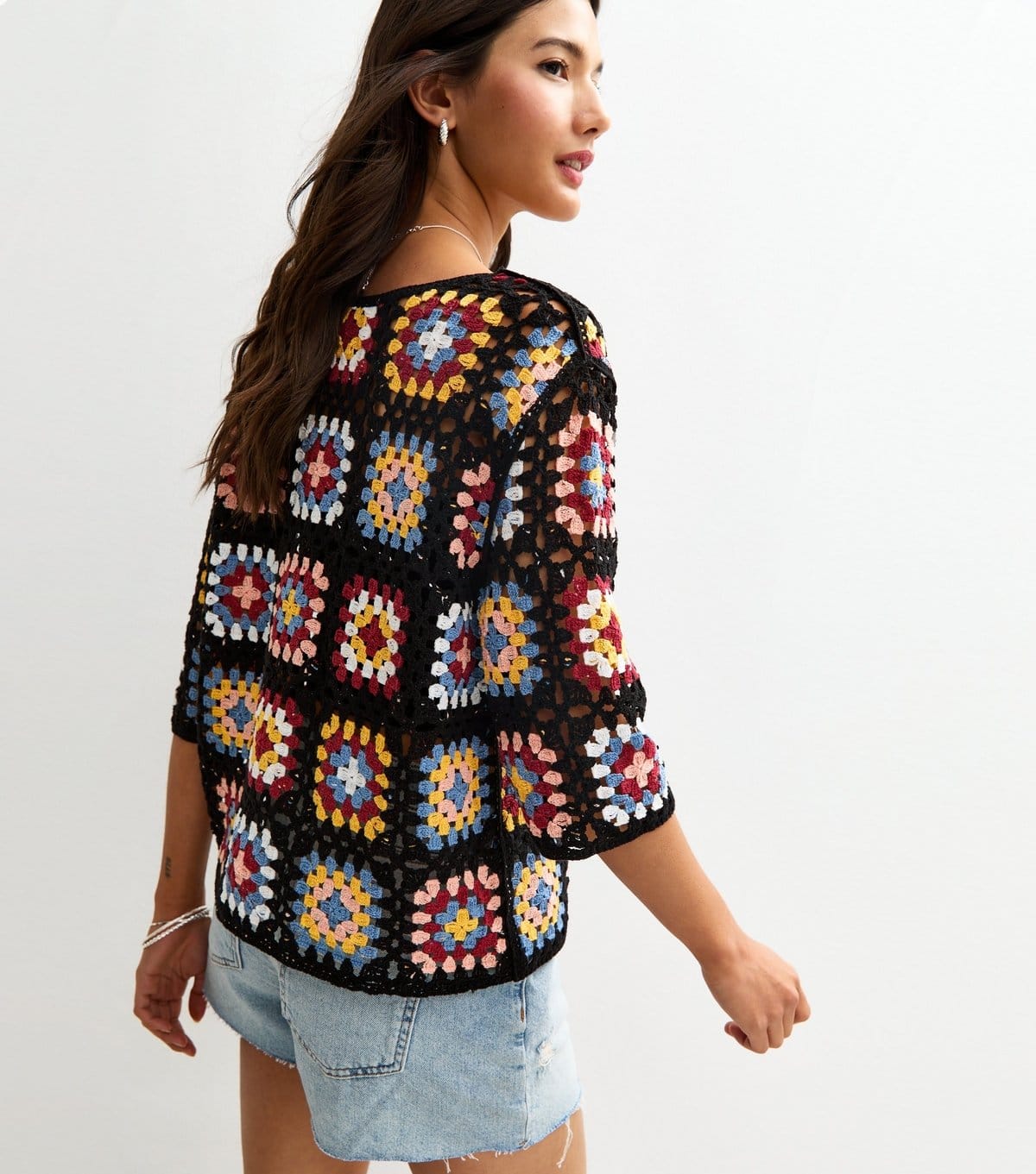 Sunshine Soul Women's Black Crochet Boxy Bomber Jacket Sunshine Soul New Look - 4