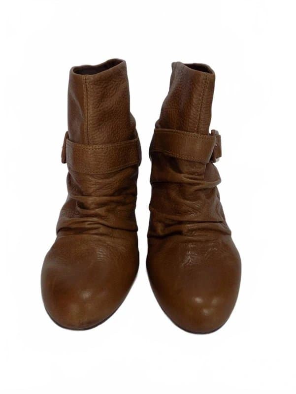 Faith Faith Boots Brown Ankle UK 8 Womens Tan Leather Block Heel Pull On Ruched Smart