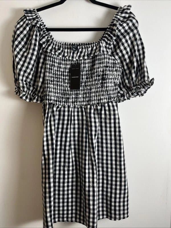 New Look New look - puff sleeve shirred checked dress - size 10 - black