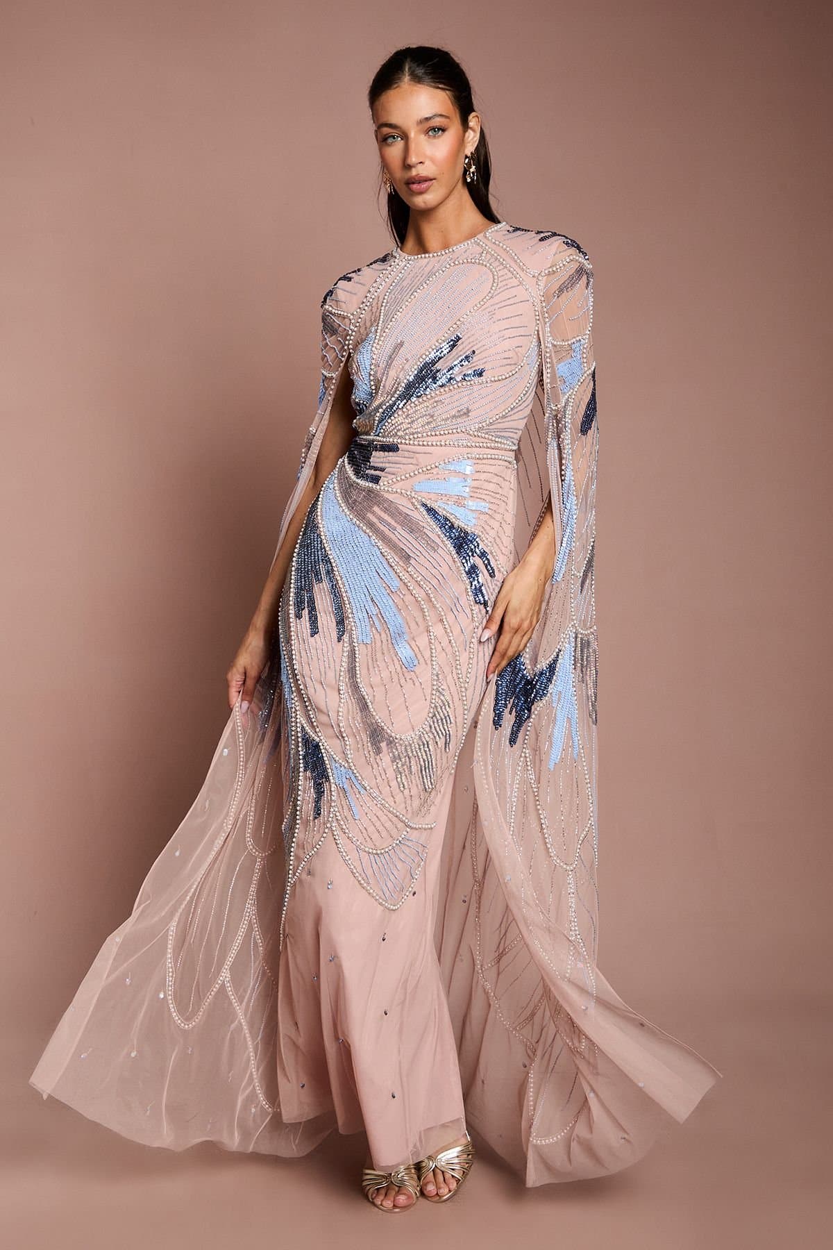 Coast Coast Women's Embellished Petals Cape Maxi Dress in Nude