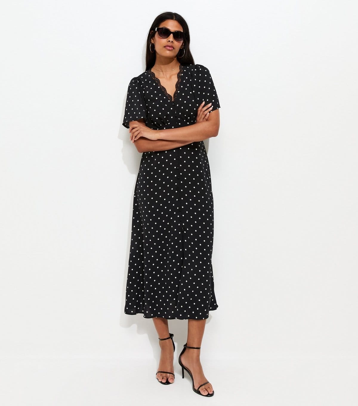 New Look Black Spot Print Lace Trim V-Neck Midi Dress