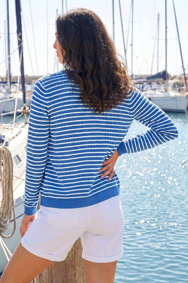 Dusk Dusk Women's Stripe Button Knit Cardigan in Blue - 2