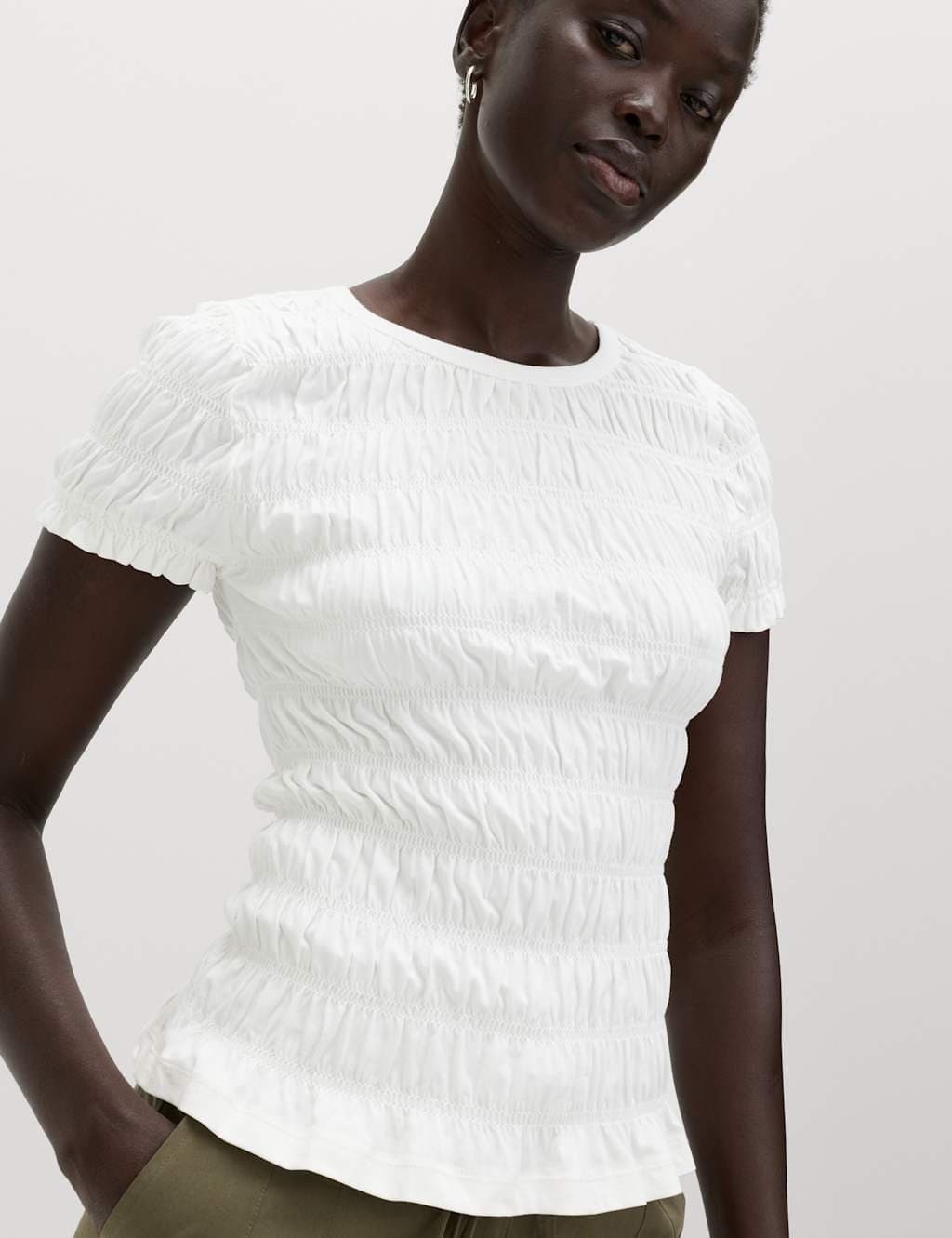 Marks & Spencer M&S Pure Cotton Smocked Detail Top Soft White