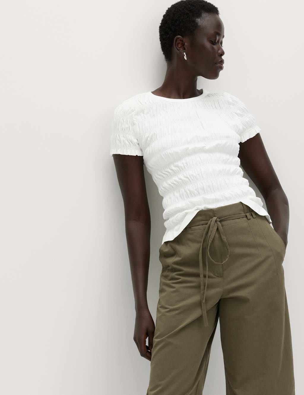 Marks & Spencer M&S Pure Cotton Smocked Detail Top Soft White - 4