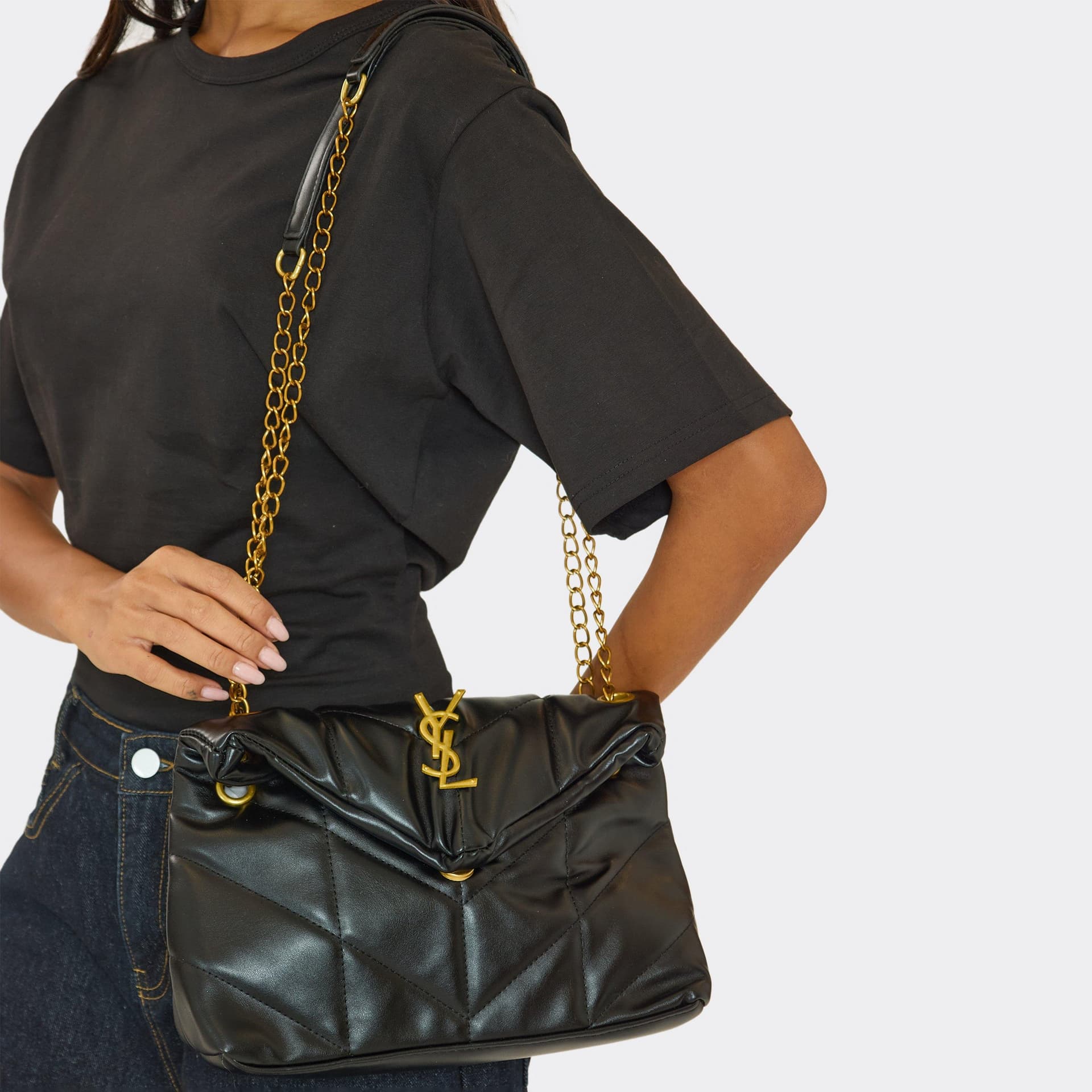 EGO Vanellope Gold Logo Detail Chain Strap Quilted Bag In Black Faux Leather, Women's Size UK 0