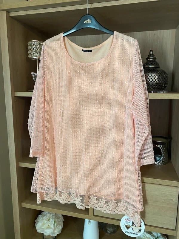 Roman 💎 Stunning Roman Lace Hem Top | 3/4 Sleeves | Peach & Sequins | Size 16| Fairycore
