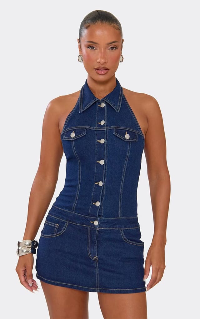 EGO Halterneck Button Up Front Collared Mini Dress In Indigo Blue Denim, Women's Size UK 6 - 2