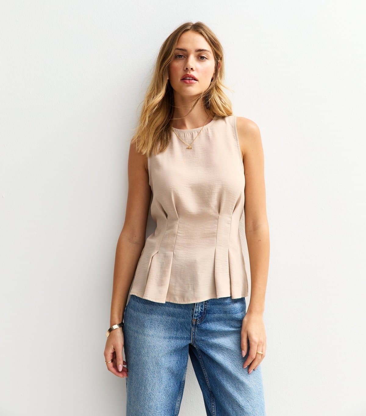 New Look Women's Stone Pleated Waist Peplum Top New Look