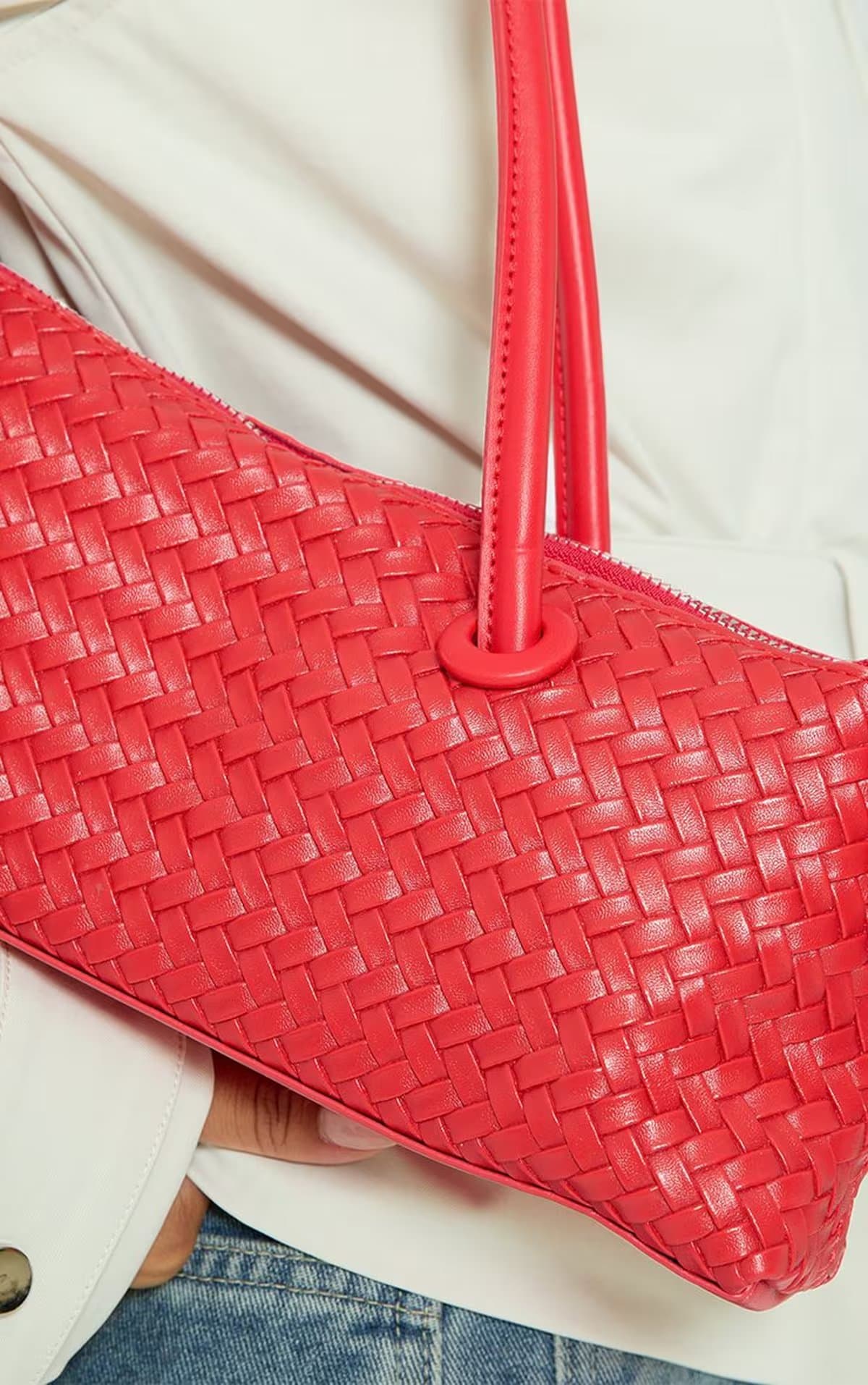 EGO Colby Woven Detail Baguette Shoulder Bag In Red Faux Leather, Women's Size UK 0