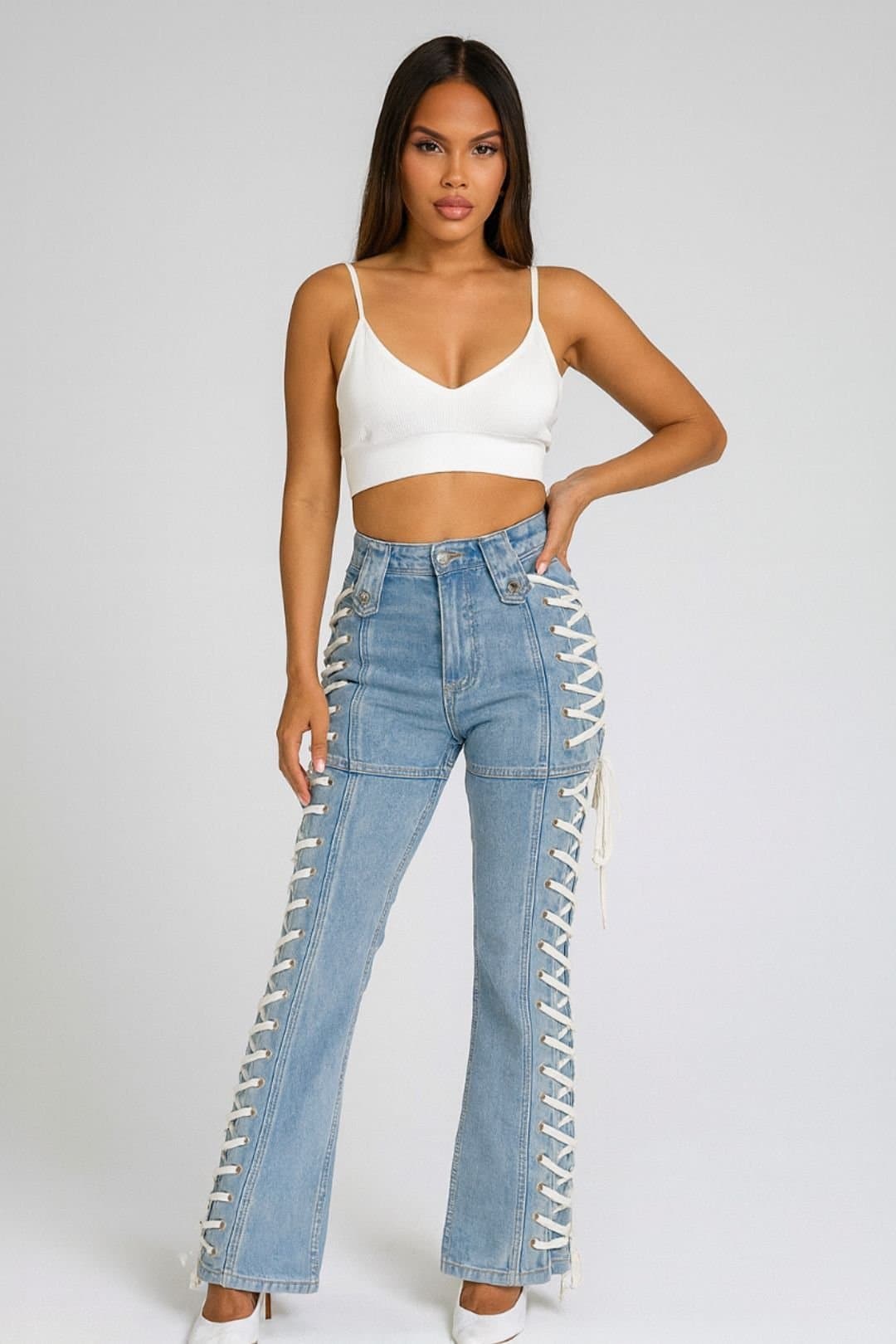 STYLEWISE STYLEWISE Women's Side Eyelet Lace Up Detail Denim Jeans in Blue